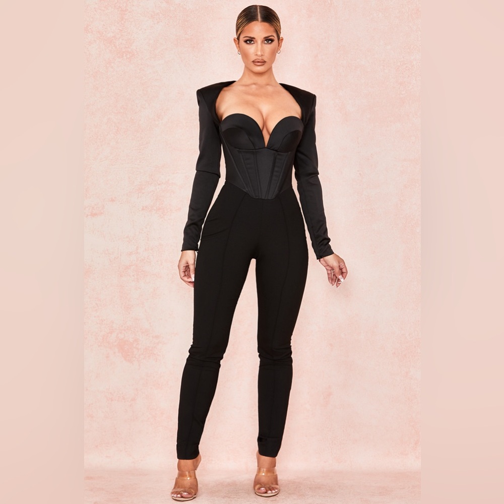 HOUSE OF CB | ‘Zoey’ Black Satin Corset Jumpsuit